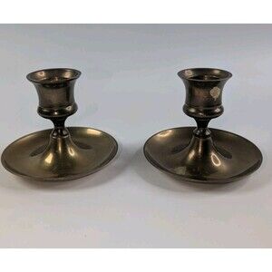 Vintage Brass Chamberstick Candlesticks Pair Push Up Drip Pan